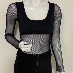 Dolls Kill Brand Generation Kiss Black Long Sleeve Fishnet Top w Black Panels